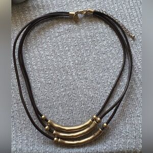 Vintage NahMu signed gold tone triple black cord beaded adjustable necklace